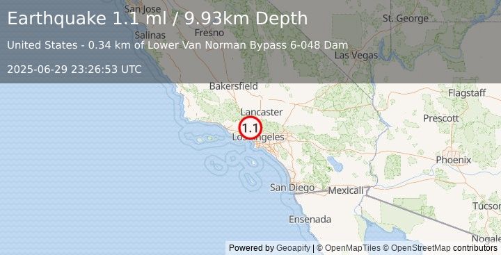 Earthquake 3 km NE of Granada Hills, CA (1.1 ml) (2025-06-29 23:26:53 UTC)