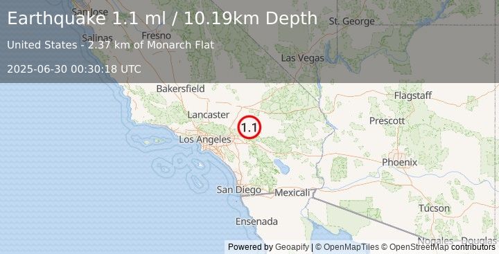 Earthquake 12 km N of Big Bear City, CA (1.1 ml) (2025-06-30 00:30:18 UTC)