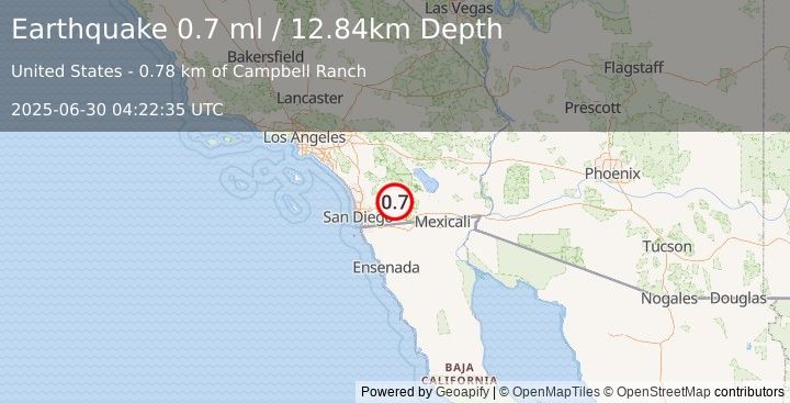 Earthquake 19 km NNE of Pine Valley, CA (0.7 ml) (2025-06-30 04:22:35 UTC)