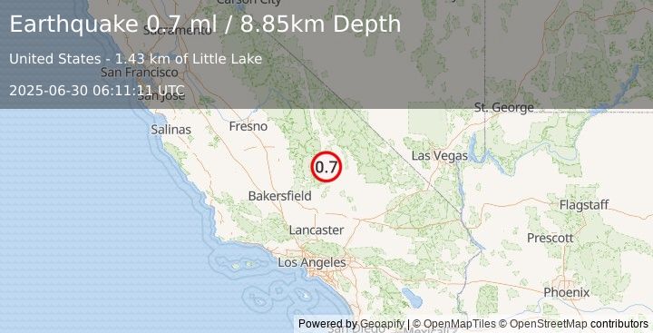 Earthquake 2 km ENE of Little Lake, CA (0.7 ml) (2025-06-30 06:11:11 UTC)