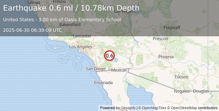 Earthquake 8 km NW of Oasis, CA (0.6 ml) (2025-06-30 06:39:09 UTC)