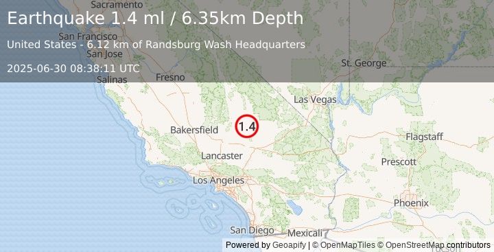 Earthquake 30 km ENE of Johannesburg, CA (1.4 ml) (2025-06-30 08:38:11 UTC)