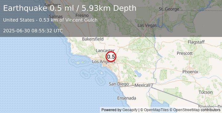 Earthquake 8 km WSW of Wrightwood, CA (0.5 ml) (2025-06-30 08:55:32 UTC)