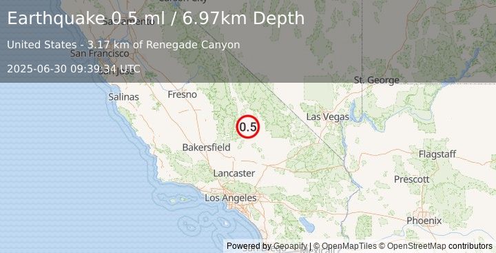 Earthquake 20 km E of Little Lake, CA (0.5 ml) (2025-06-30 09:39:34 UTC)