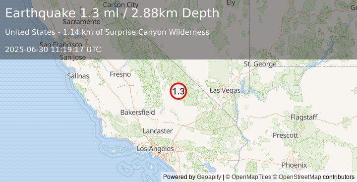 Earthquake 38 km SSW of Furnace Creek, CA (1.0 ml) (2025-06-30 11:19:15 UTC)