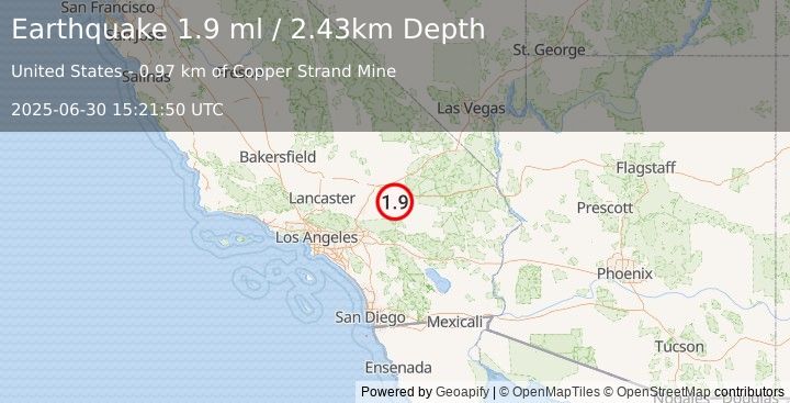 Earthquake 35 km NE of Lucerne Valley, CA (1.9 ml) (2025-06-30 15:21:50 UTC)