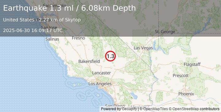 Earthquake 12 km SW of Searles Valley, CA (1.3 ml) (2025-06-30 16:09:17 UTC)