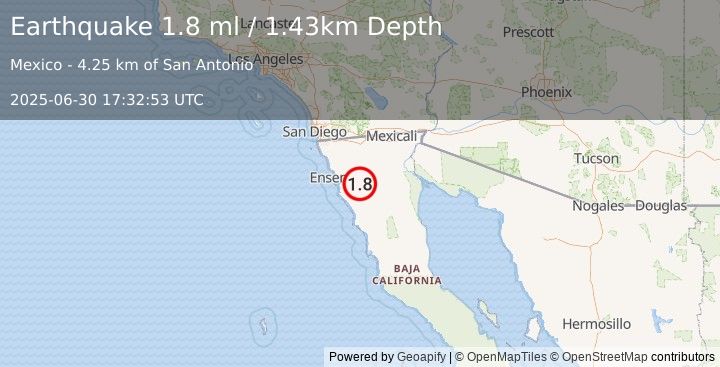 Earthquake 38 km E of Maneadero, B.C., MX (1.8 ml) (2025-06-30 17:32:53 UTC)