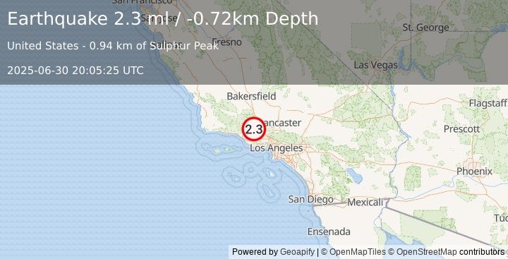 Earthquake 13 km N of Fillmore, CA (2.3 ml) (2025-06-30 20:05:25 UTC)