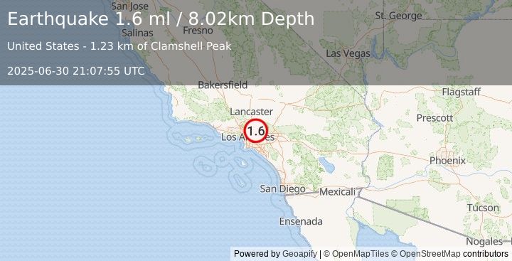 Earthquake 7 km N of Monrovia, CA (1.6 ml) (2025-06-30 21:07:55 UTC)