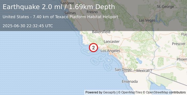 Earthquake 17 km S of Santa Barbara, CA (2.0 ml) (2025-06-30 22:32:45 UTC)