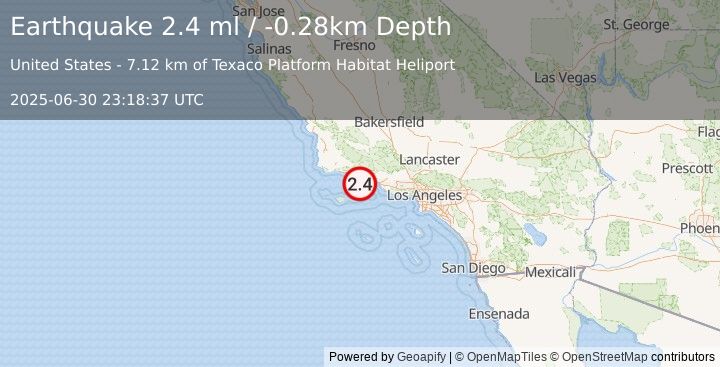 Earthquake 19 km SSE of Santa Barbara, CA (2.4 ml) (2025-06-30 23:18:37 UTC)