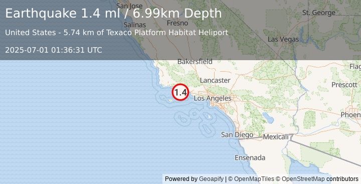 Earthquake 18 km SSE of Santa Barbara, CA (1.4 ml) (2025-07-01 01:36:31 UTC)