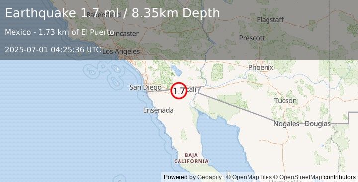 Earthquake 9 km W of Progreso, B.C., MX (1.7 ml) (2025-07-01 04:25:36 UTC)