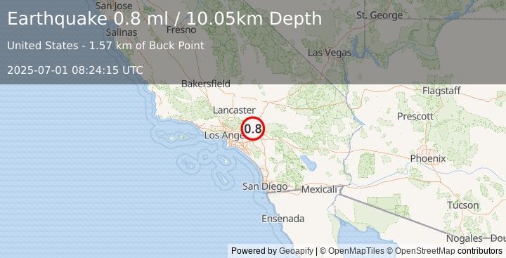 Earthquake 7 km SSW of Lytle Creek, CA (0.8 ml) (2025-07-01 08:24:15 UTC)