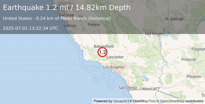 Earthquake 18 km WNW of Grapevine, CA (1.2 ml) (2025-07-01 13:22:34 UTC)