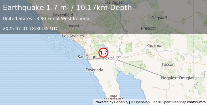 Earthquake 27 km WSW of Westmorland, CA (1.7 ml) (2025-07-01 18:30:35 UTC)