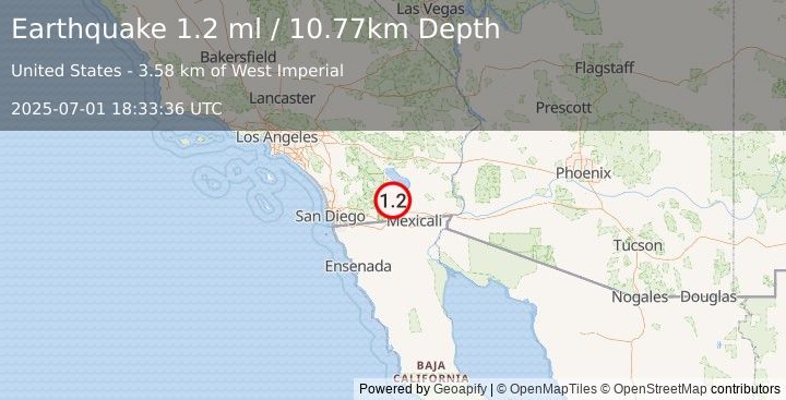 Earthquake 27 km WSW of Westmorland, CA (1.2 ml) (2025-07-01 18:33:36 UTC)
