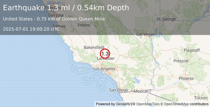 Earthquake 7 km SSW of Mojave, CA (1.3 ml) (2025-07-01 19:00:20 UTC)