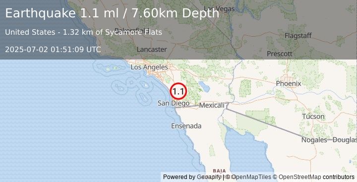 Earthquake 8 km N of San Pasqual, CA (1.1 ml) (2025-07-02 01:51:09 UTC)