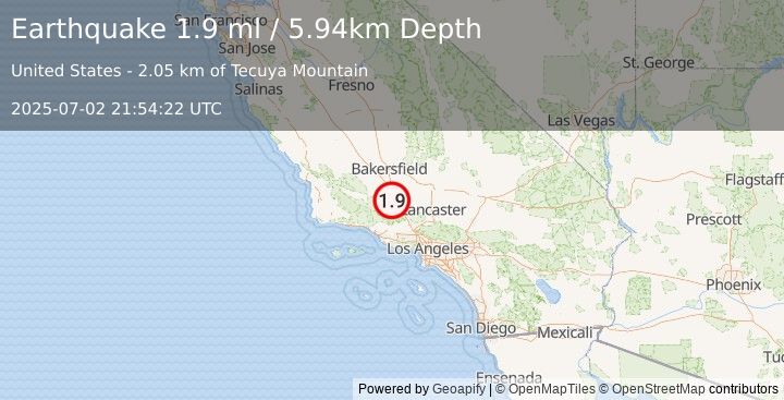 Earthquake 4 km NNW of Frazier Park, CA (1.9 ml) (2025-07-02 21:54:22 UTC)