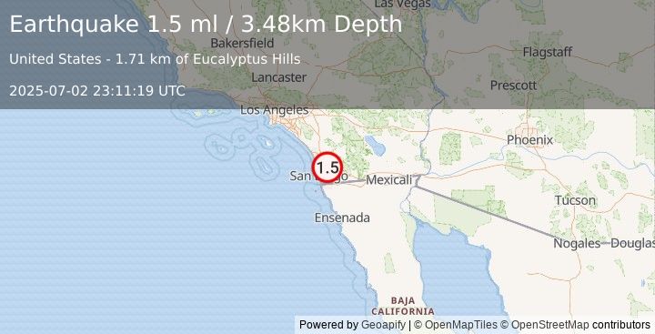Earthquake 5 km NW of Lakeside, CA (1.5 ml) (2025-07-02 23:11:19 UTC)