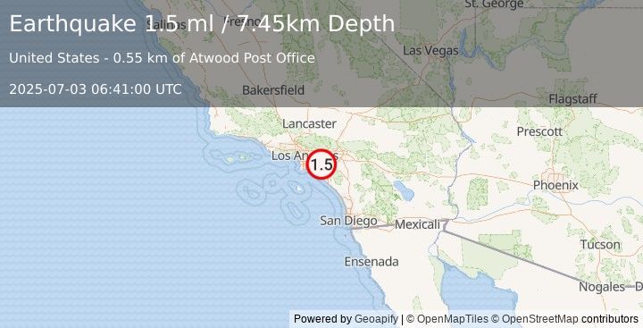 Earthquake 2 km SW of Yorba Linda, CA (1.5 ml) (2025-07-03 06:41:00 UTC)