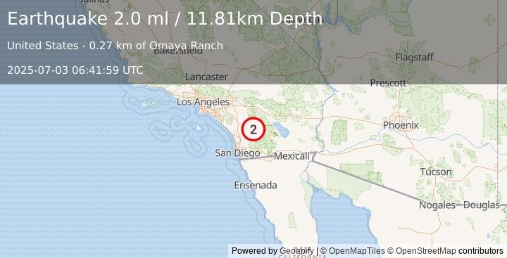 Earthquake 7 km NNW of Warner Springs, CA (2.0 ml) (2025-07-03 06:41:59 UTC)