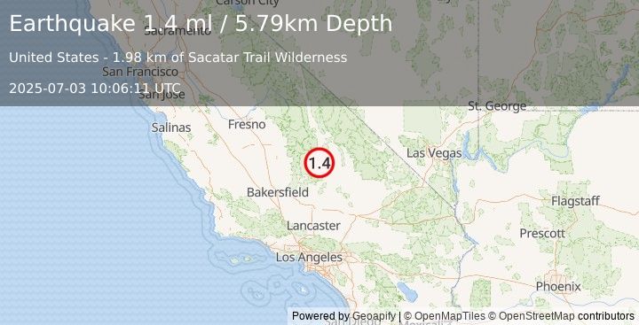 Earthquake 8 km WNW of Little Lake, CA (1.4 ml) (2025-07-03 10:06:11 UTC)