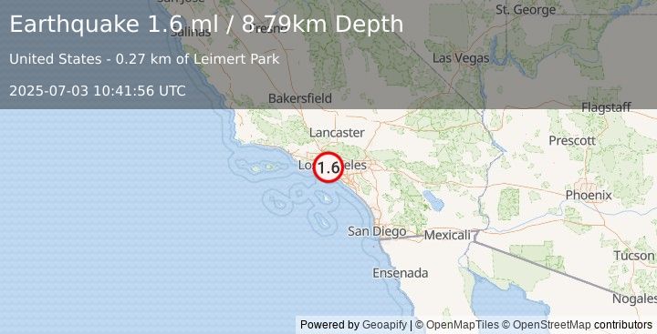 Earthquake 2 km NE of View Park-Windsor Hills, CA (1.6 ml) (2025-07-03 10:41:56 UTC)