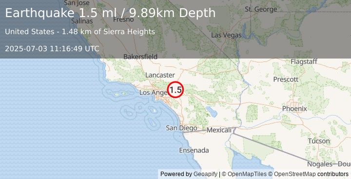 Earthquake 7 km NNE of Fontana, CA (1.5 ml) (2025-07-03 11:16:49 UTC)