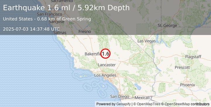 Earthquake 33 km SE of Bodfish, CA (1.6 ml) (2025-07-03 14:37:48 UTC)