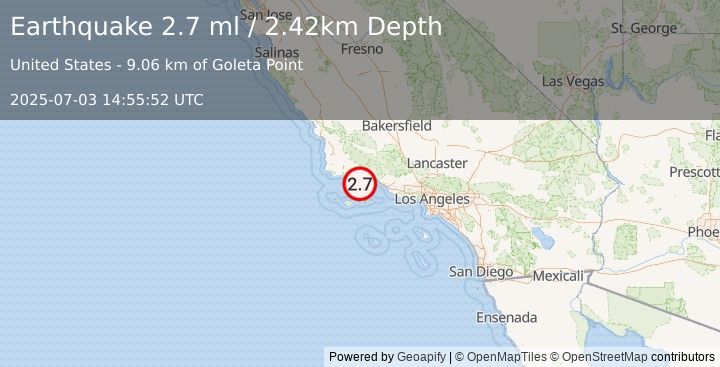 Earthquake 10 km SSE of Isla Vista, CA (2.7 ml) (2025-07-03 14:55:52 UTC)
