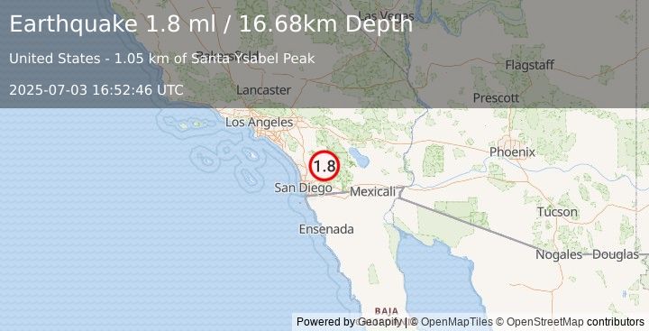 Earthquake 10 km NNW of Julian, CA (1.8 ml) (2025-07-03 16:52:46 UTC)