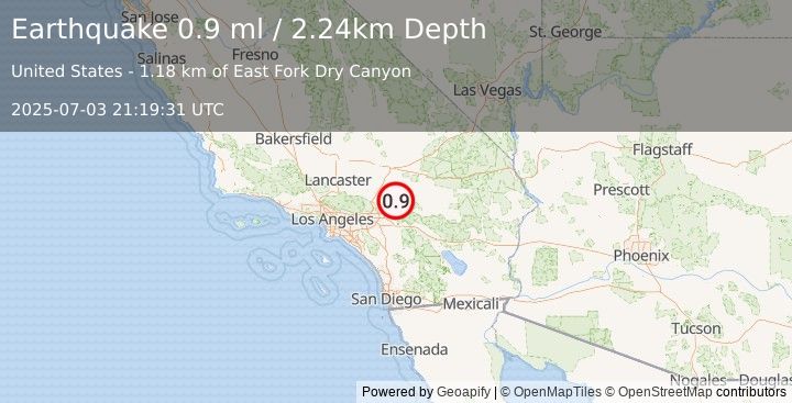 Earthquake 12 km NNW of Big Bear Lake, CA (0.9 ml) (2025-07-03 21:19:31 UTC)