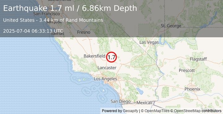 Earthquake 17 km WSW of Johannesburg, CA (1.7 ml) (2025-07-04 06:33:13 UTC)