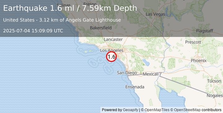 Earthquake 7 km SSE of San Pedro, CA (1.6 ml) (2025-07-04 15:09:09 UTC)