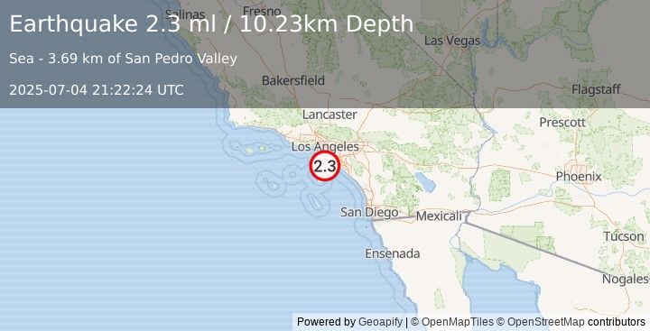 Earthquake 9 km SSE of San Pedro, CA (2.3 ml) (2025-07-04 21:22:24 UTC)