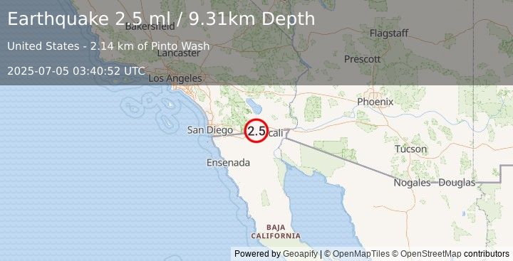Earthquake 19 km NW of Progreso, B.C., MX (2.5 ml) (2025-07-05 03:40:52 UTC)