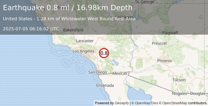 Earthquake 10 km E of Cabazon, CA (0.8 ml) (2025-07-05 06:16:02 UTC)