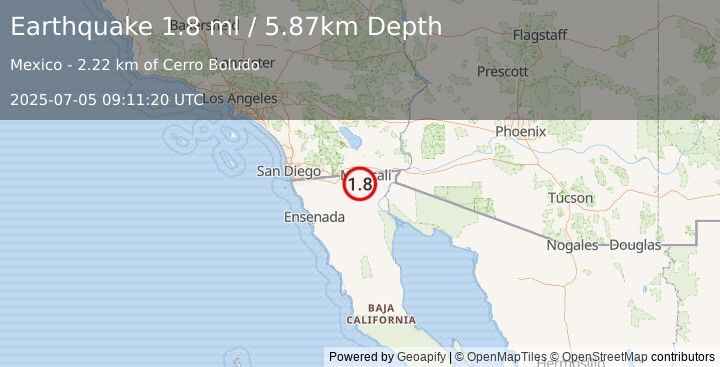 Earthquake 11 km S of Progreso, B.C., MX (1.8 ml) (2025-07-05 09:11:20 UTC)