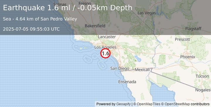 Earthquake 9 km SE of San Pedro, CA (1.6 ml) (2025-07-05 09:55:04 UTC)