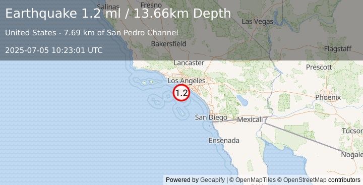 Earthquake 21 km SSW of Rancho Palos Verdes, CA (1.6 ml) (2025-07-05 10:23:00 UTC)