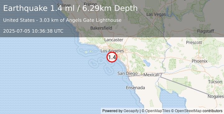 Earthquake 7 km SSE of San Pedro, CA (1.4 ml) (2025-07-05 10:36:38 UTC)