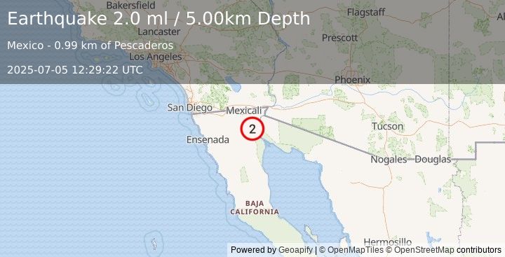 Earthquake 9 km SSW of Alberto Oviedo Mota, B.C., MX (2.0 ml) (2025-07-05 12:29:22 UTC)