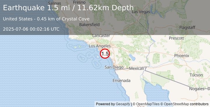 Earthquake 4 km SSW of San Joaquin Hills, CA (1.5 ml) (2025-07-06 00:02:16 UTC)