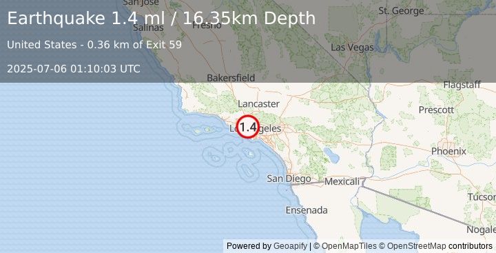 Earthquake 6 km NW of Westwood, CA (1.4 ml) (2025-07-06 01:10:03 UTC)