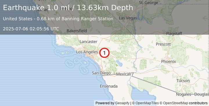 Earthquake 7 km NW of Banning, CA (1.0 ml) (2025-07-06 02:05:56 UTC)