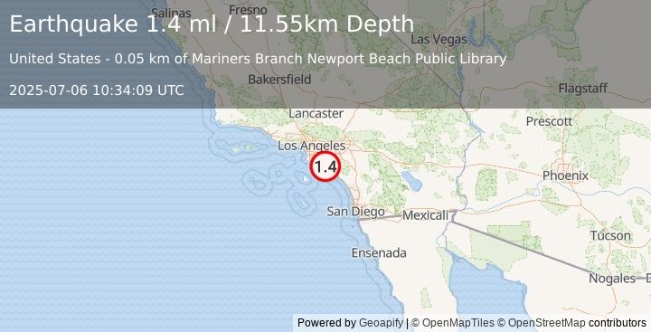 Earthquake 3 km ENE of Newport Beach, CA (1.4 ml) (2025-07-06 10:34:09 UTC)