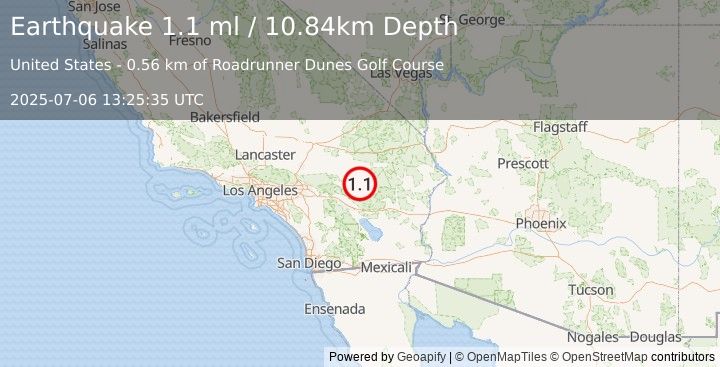 Earthquake 4 km NNE of Twentynine Palms, CA (1.1 ml) (2025-07-06 13:25:35 UTC)